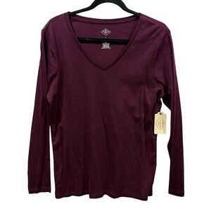 St Johns Bay Womens Burgundy V Neck Long Sleeve Cotton T Shirt Top Size L